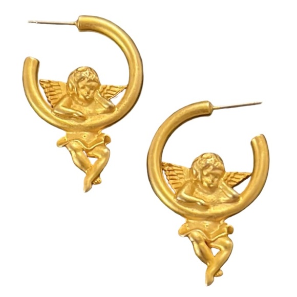 Vintage JJ Gold Plated Angel Cherub Laying on Crescent Moon Hoop Stud Earrings - Picture 1 of 5